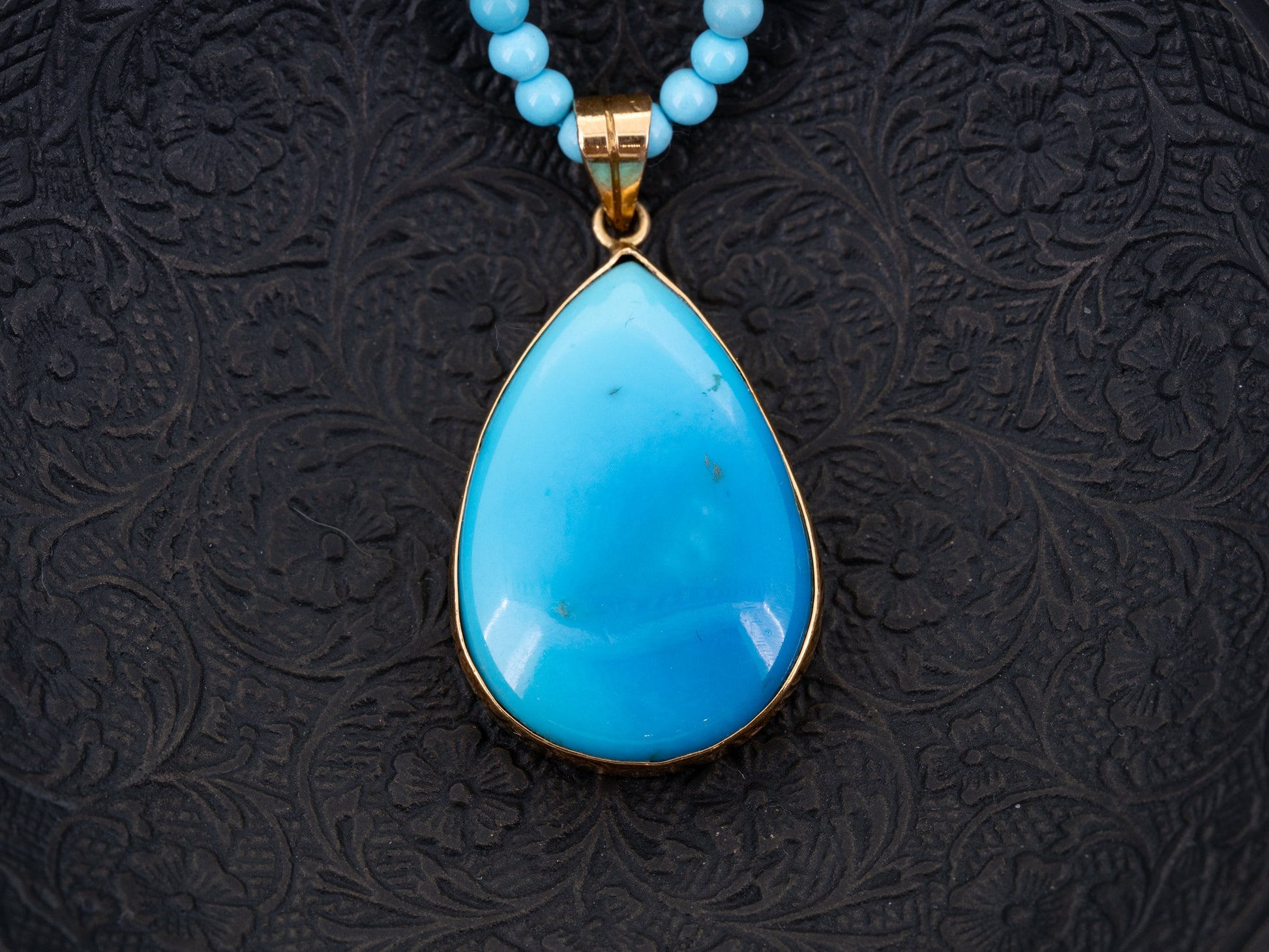 Vintage Sleeping Beauty Blue Turquoise Pendant 18k Gold Knotted Bead Necklace - Redpoint Jewelry 