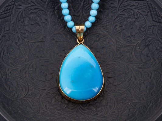 Vintage Sleeping Beauty Blue Turquoise Pendant 18k Gold Knotted Bead Necklace - Redpoint Jewelry 