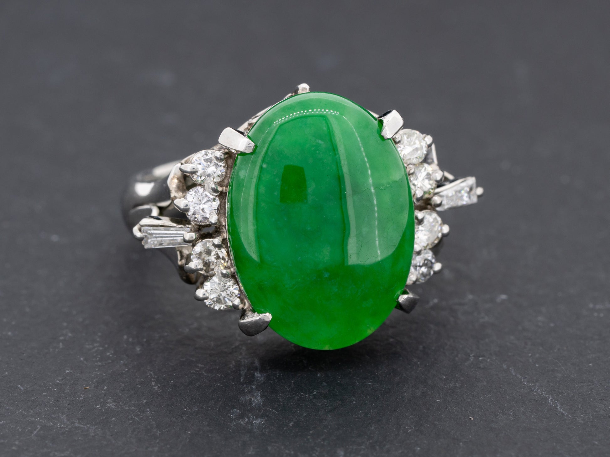 Green Jade Type B and Diamond Ring in Platinum 17 x 12 mm Jadeite - Redpoint Jewelry 