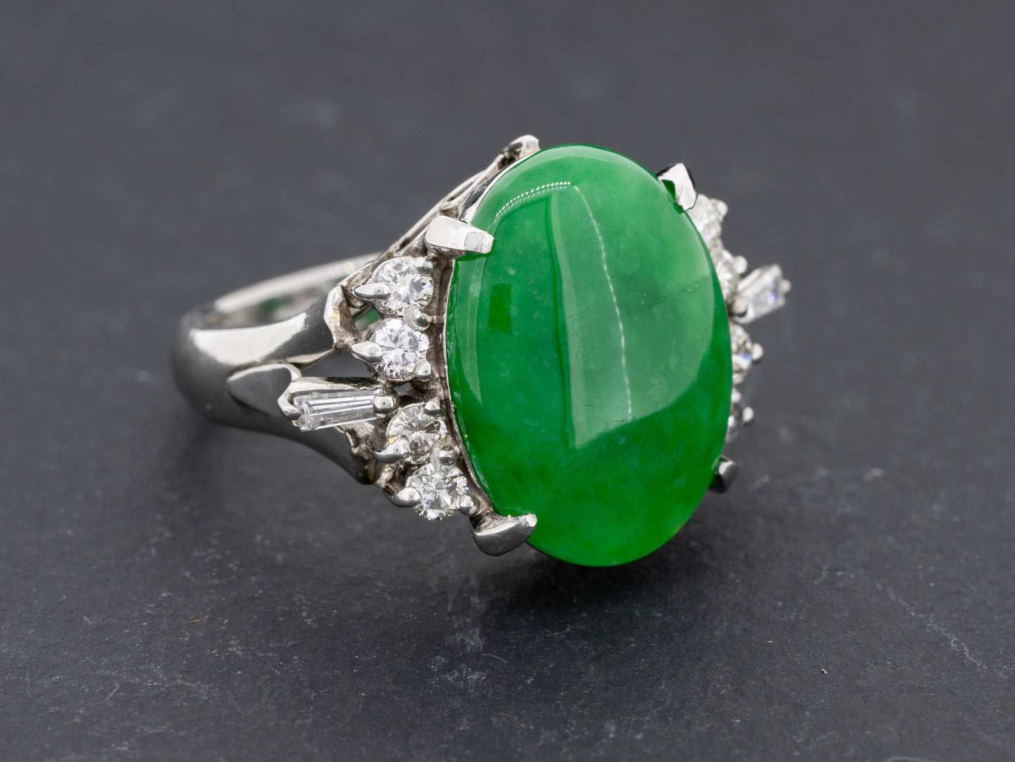 Green Jade Type B and Diamond Ring in Platinum 17 x 12 mm Jadeite - Redpoint Jewelry 