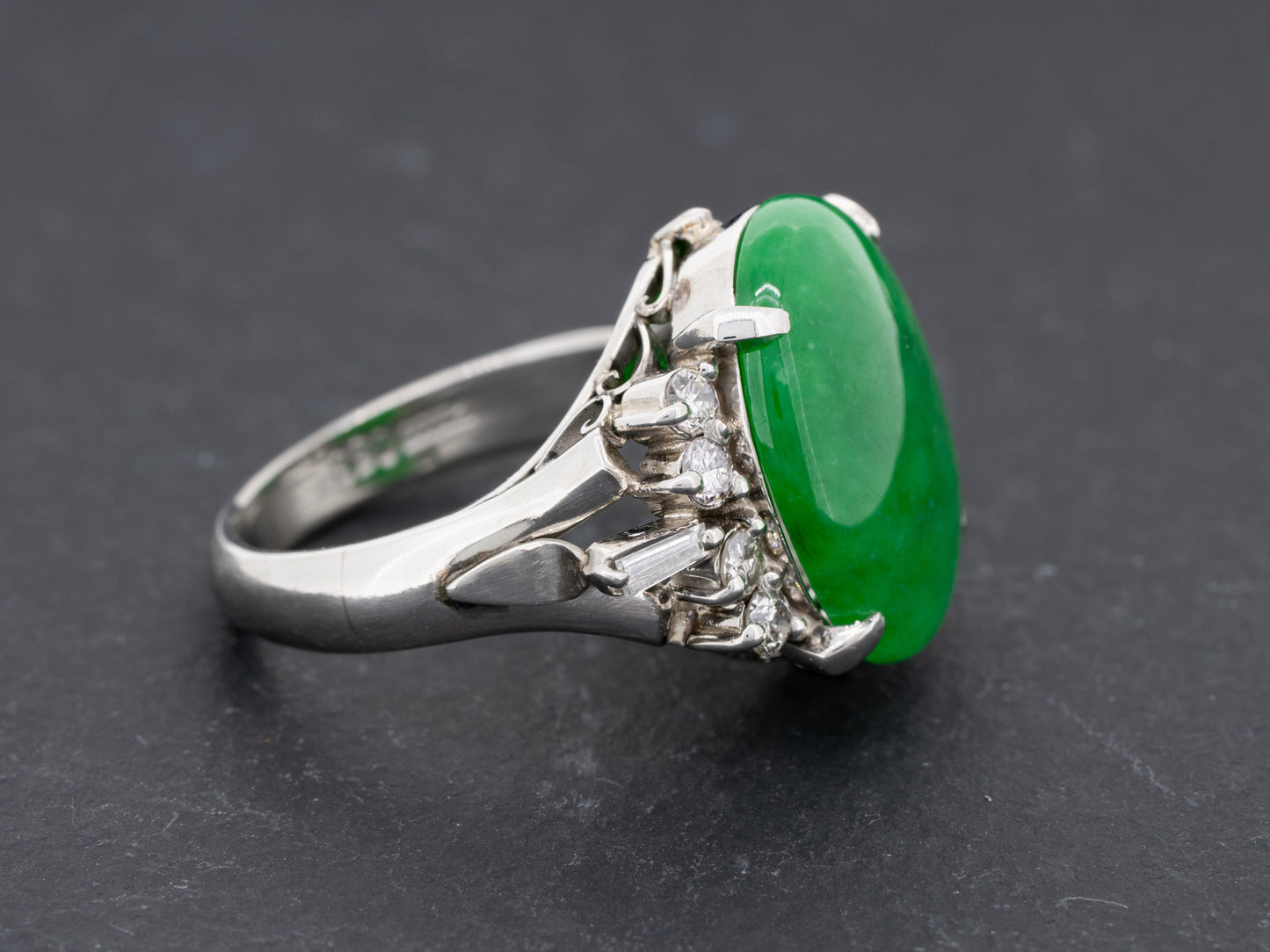 Green Jade Type B and Diamond Ring in Platinum 17 x 12 mm Jadeite - Redpoint Jewelry 