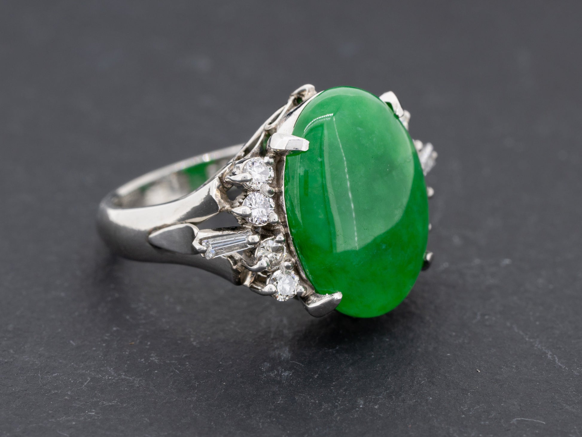 Green Jade Type B and Diamond Ring in Platinum 17 x 12 mm Jadeite - Redpoint Jewelry 