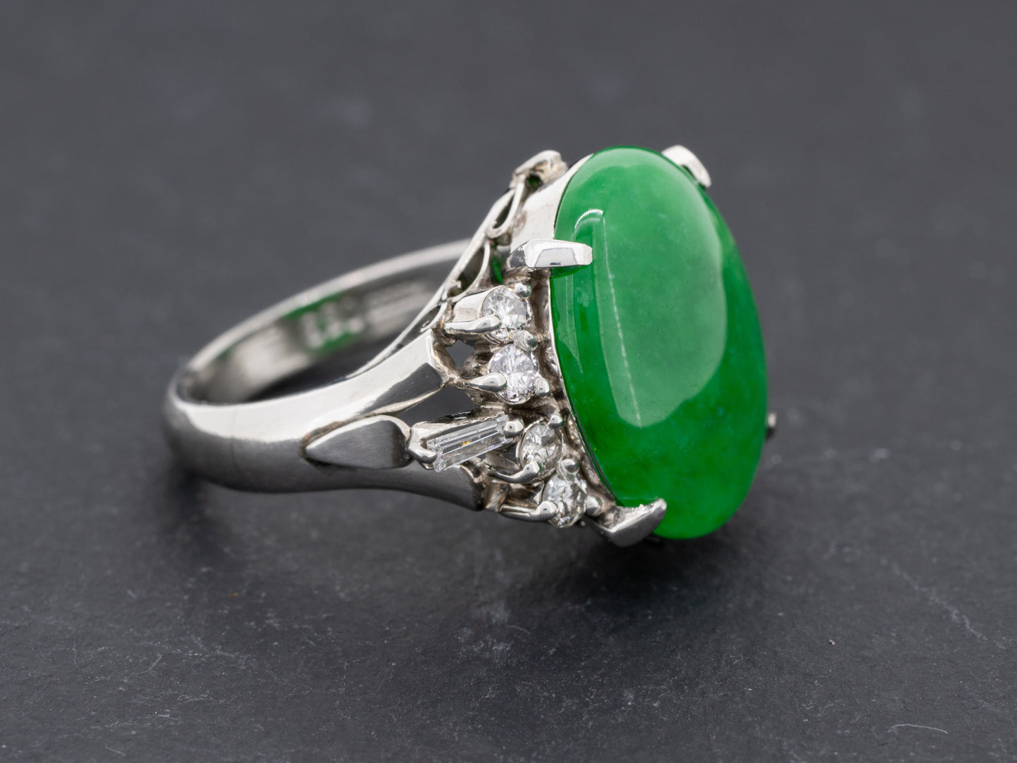 Green Jade Type B and Diamond Ring in Platinum 17 x 12 mm Jadeite - Redpoint Jewelry 