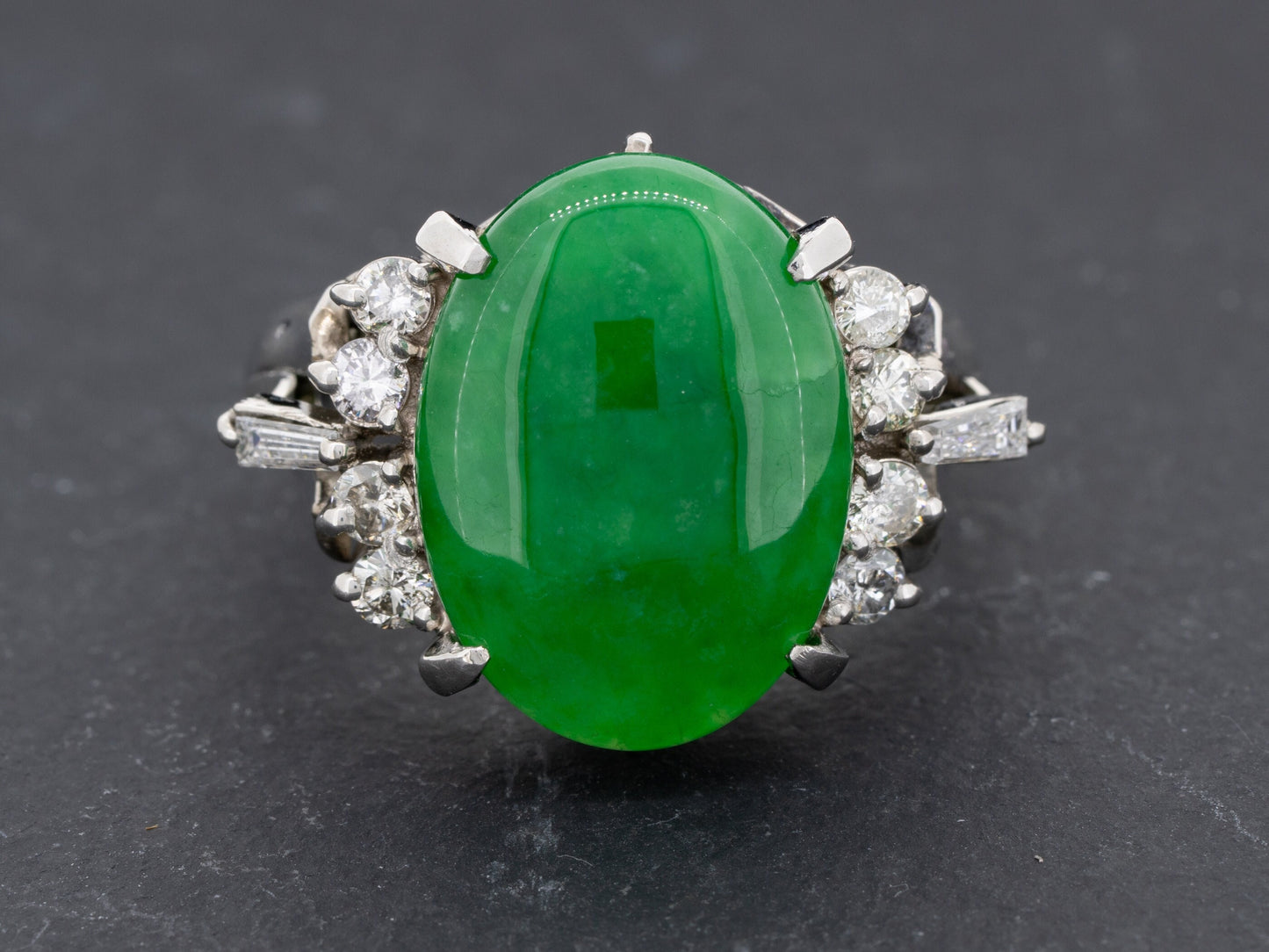 Green Jade Type B and Diamond Ring in Platinum 17 x 12 mm Jadeite - Redpoint Jewelry 