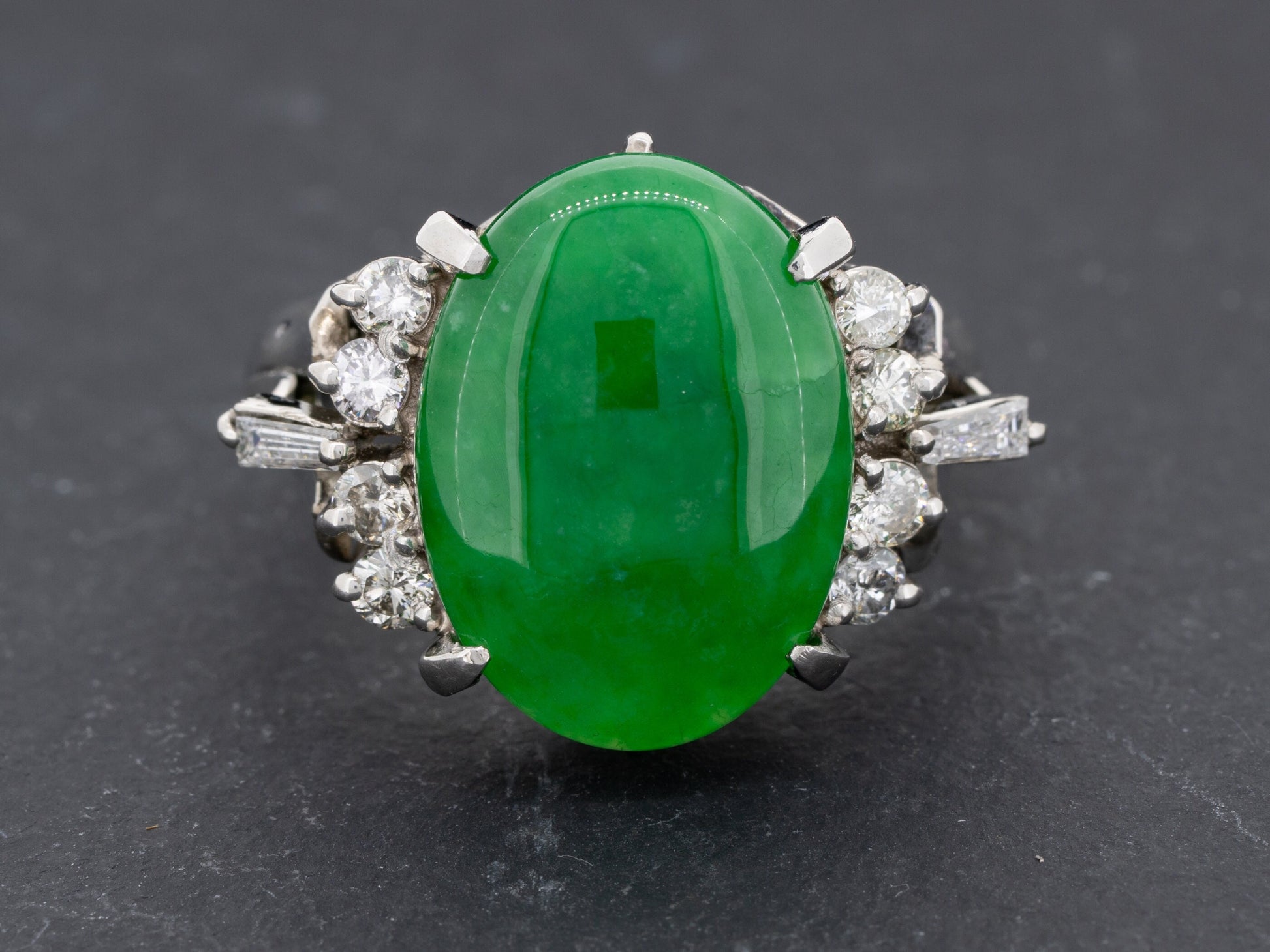 Green Jade Type B and Diamond Ring in Platinum 17 x 12 mm Jadeite - Redpoint Jewelry 