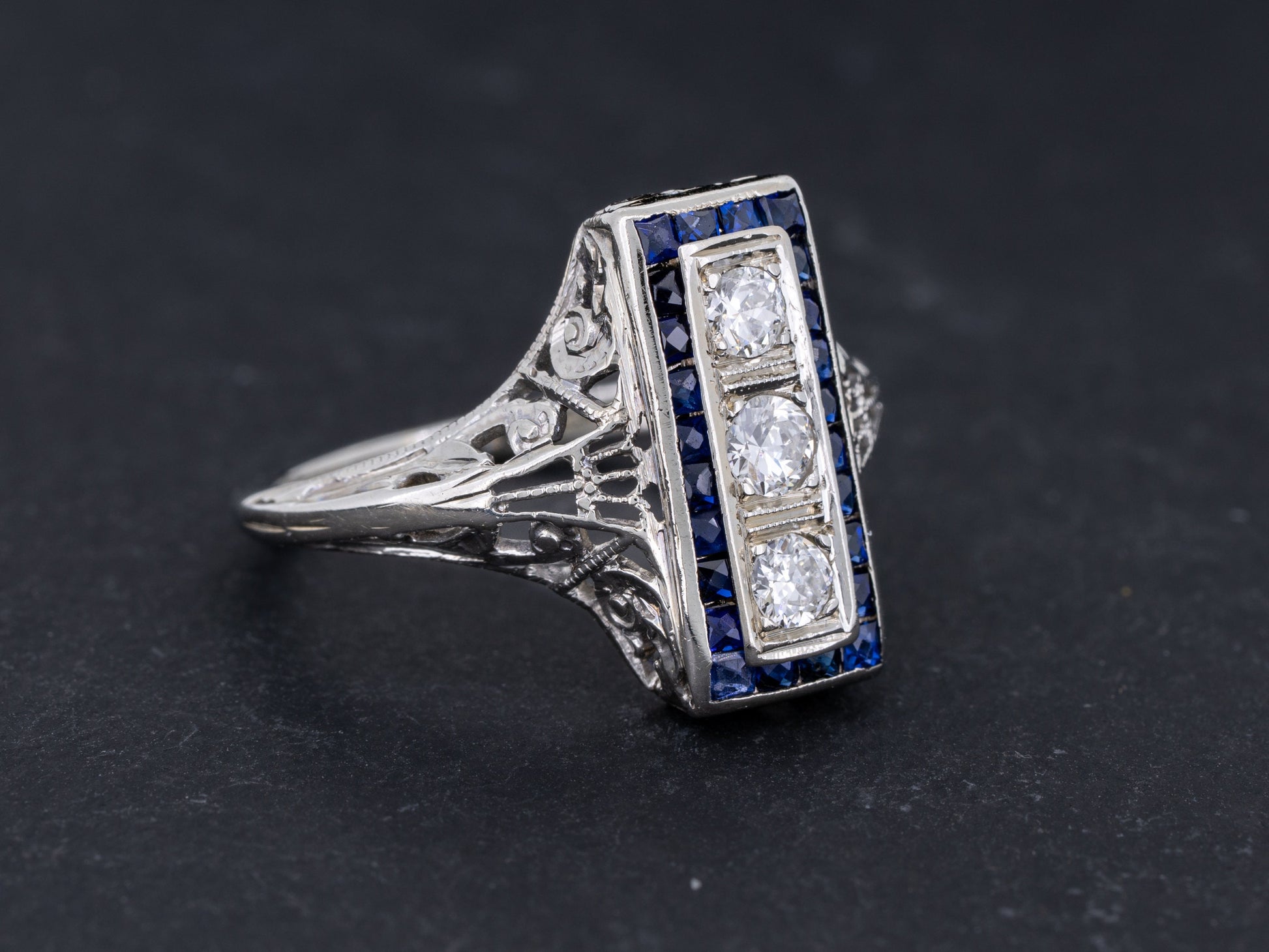 Vintage Art Deco Diamond Sapphire Engagement Three Stone Ring Filigree 18k White Gold - Redpoint Jewelry 