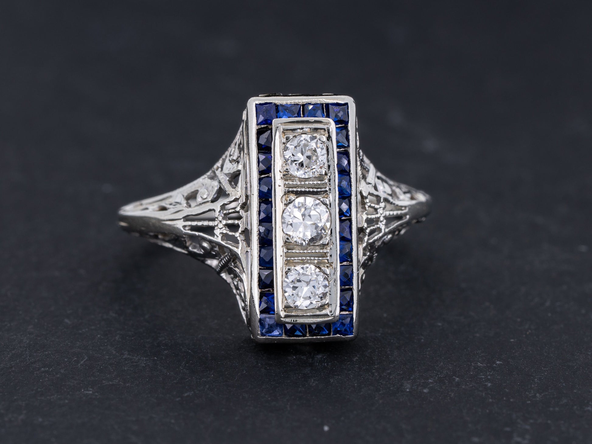 Vintage Art Deco Diamond Sapphire Engagement Three Stone Ring Filigree 18k White Gold - Redpoint Jewelry 