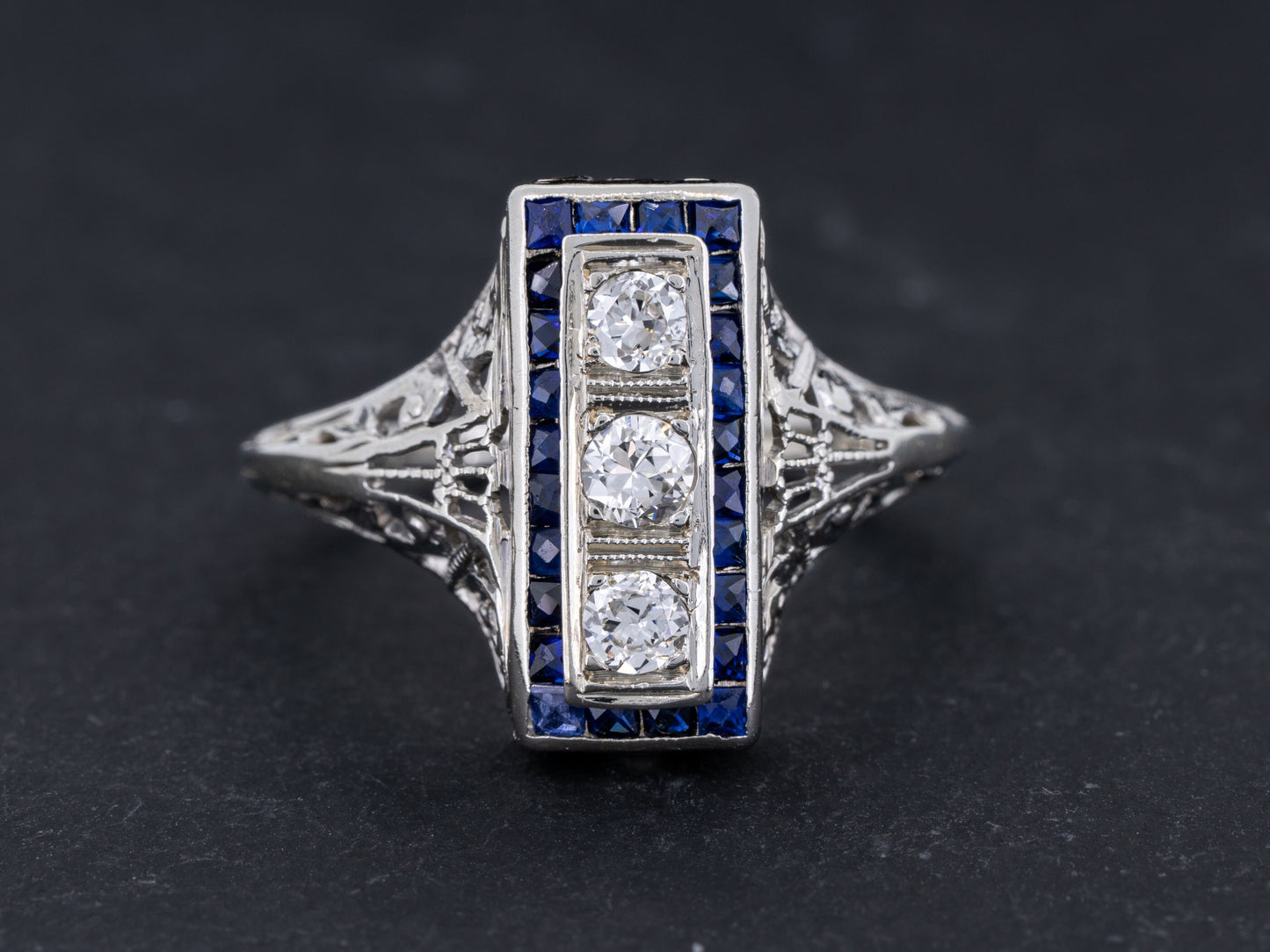 Vintage Art Deco Diamond Sapphire Engagement Three Stone Ring Filigree 18k White Gold - Redpoint Jewelry 