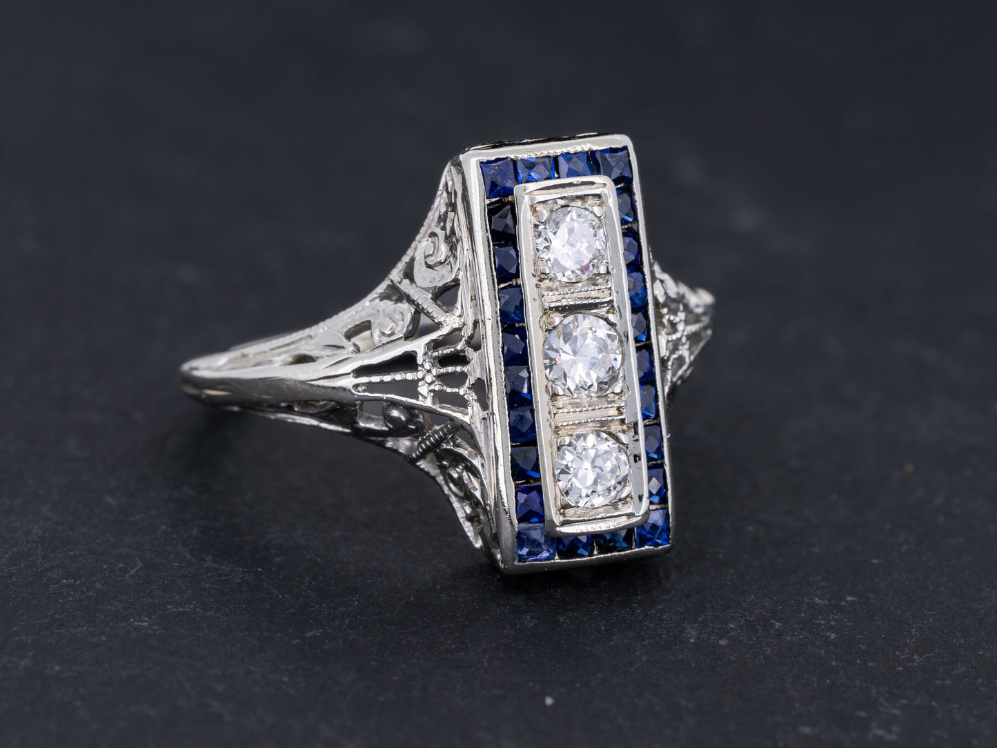 Vintage Art Deco Diamond Sapphire Engagement Three Stone Ring Filigree 18k White Gold - Redpoint Jewelry 