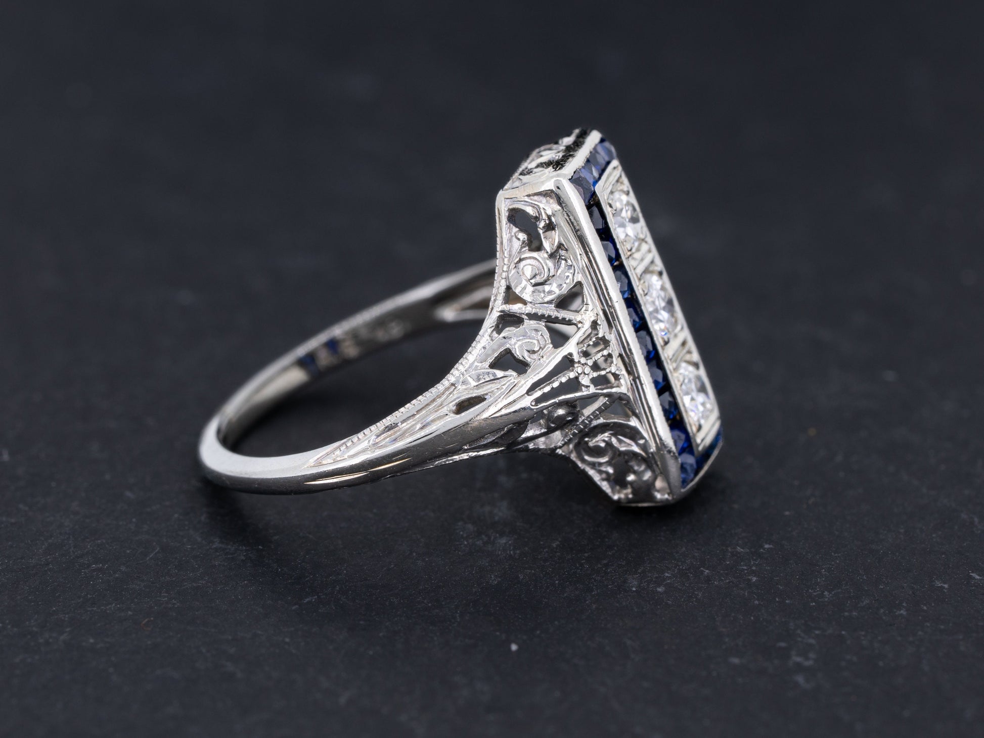 Vintage Art Deco Diamond Sapphire Engagement Three Stone Ring Filigree 18k White Gold - Redpoint Jewelry 