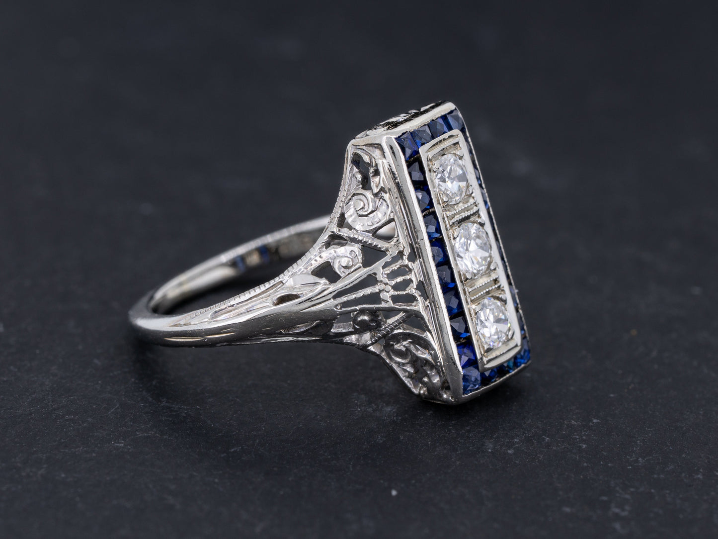 Vintage Art Deco Diamond Sapphire Engagement Three Stone Ring Filigree 18k White Gold - Redpoint Jewelry 