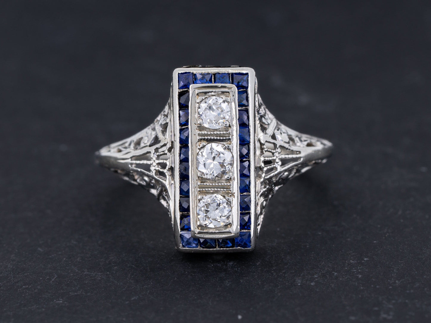 Vintage Art Deco Diamond Sapphire Engagement Three Stone Ring Filigree 18k White Gold - Redpoint Jewelry 