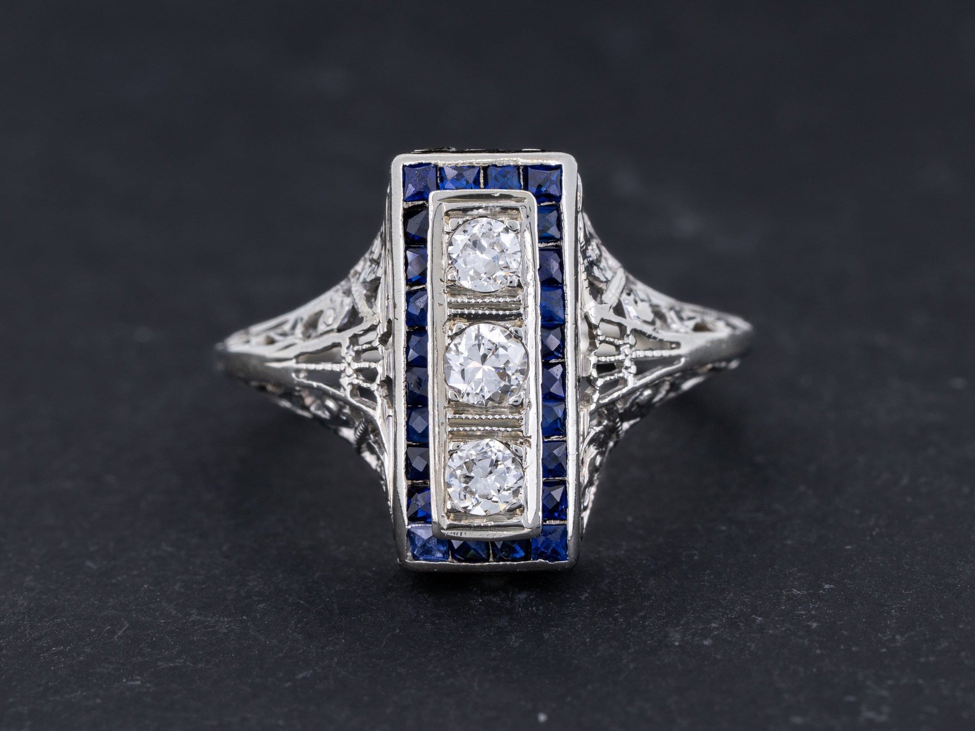 Vintage Art Deco Diamond Sapphire Engagement Three Stone Ring Filigree 18k White Gold - Redpoint Jewelry 