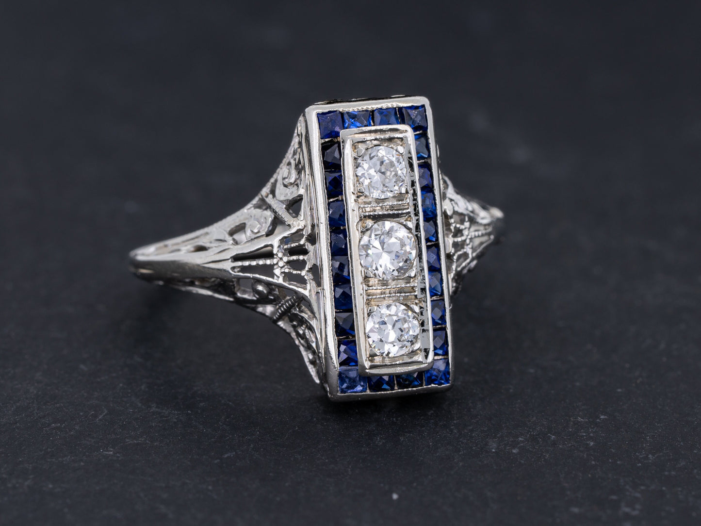 Vintage Art Deco Diamond Sapphire Engagement Three Stone Ring Filigree 18k White Gold - Redpoint Jewelry 