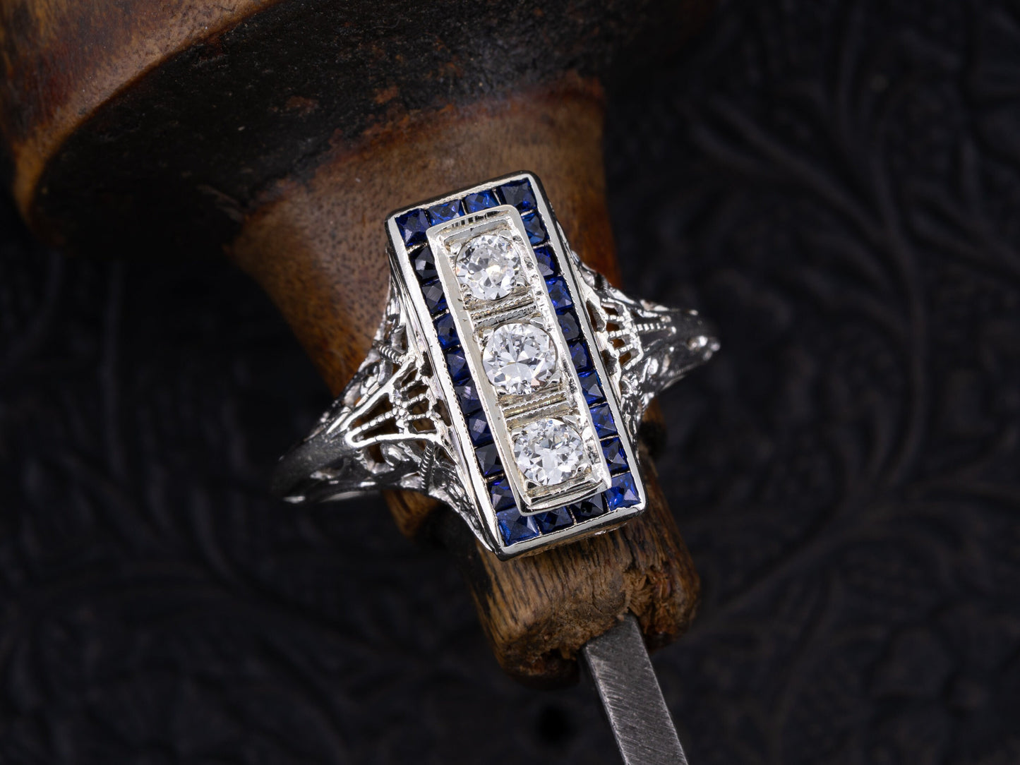 Vintage Art Deco Diamond Sapphire Engagement Three Stone Ring Filigree 18k White Gold - Redpoint Jewelry 