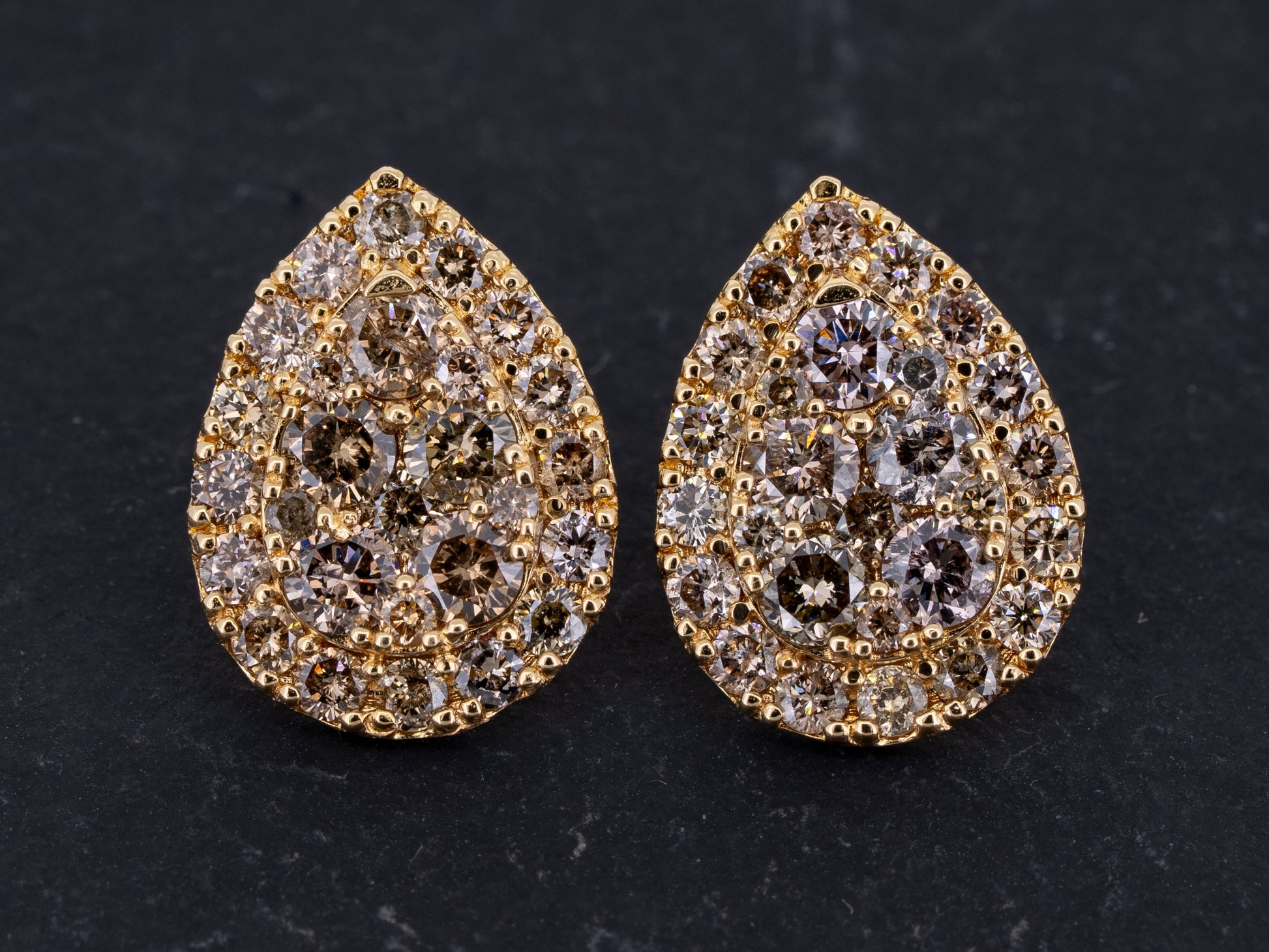 2.00ctw Diamond Stud Earrings Fancy Colored Diamonds 18k Yellow Gold Tear Drop - Redpoint Jewelry 