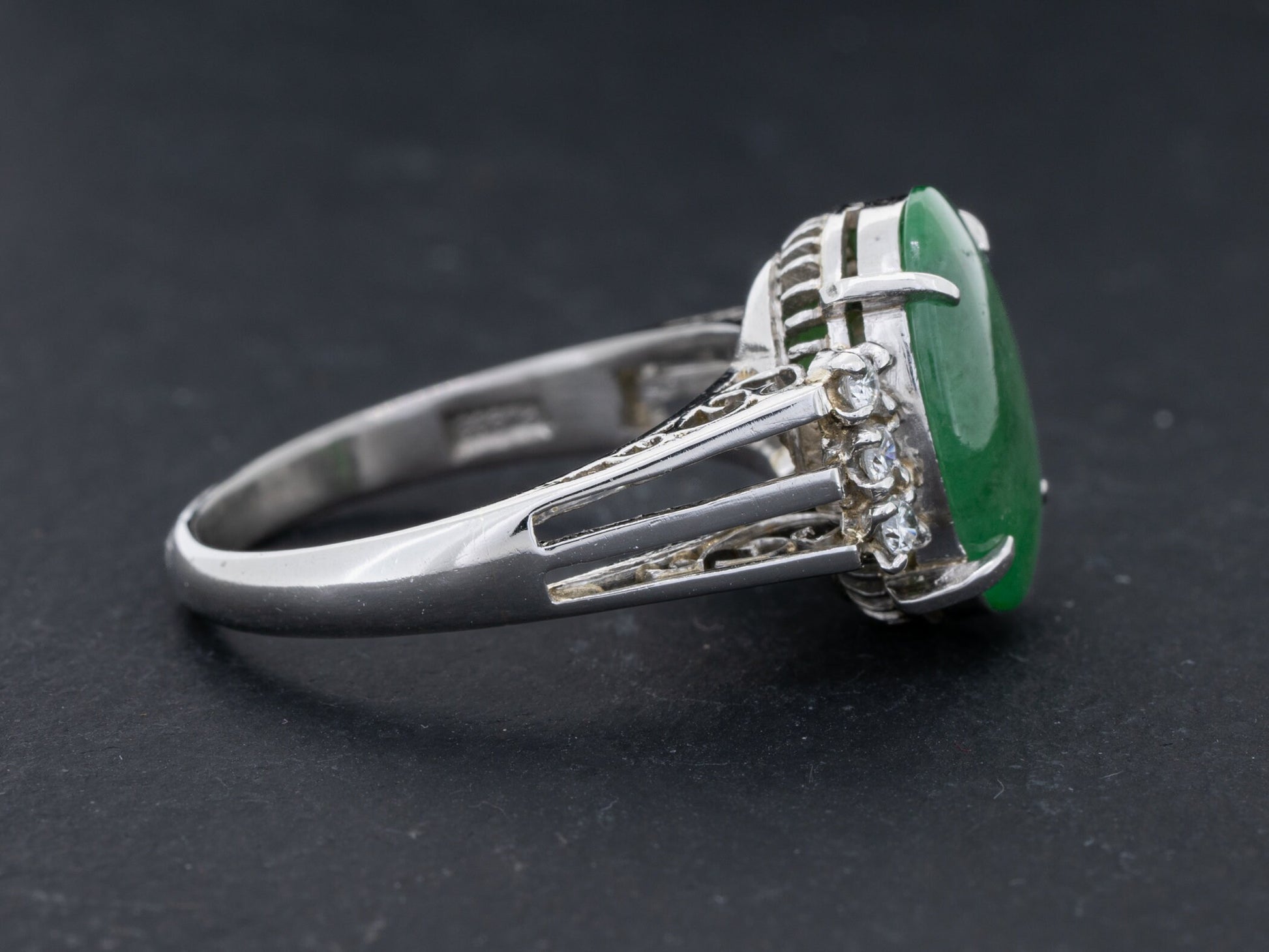 GIA Certified Type A Fei Cui Green Jade and Diamond Ring in Platinum - Redpoint Jewelry 