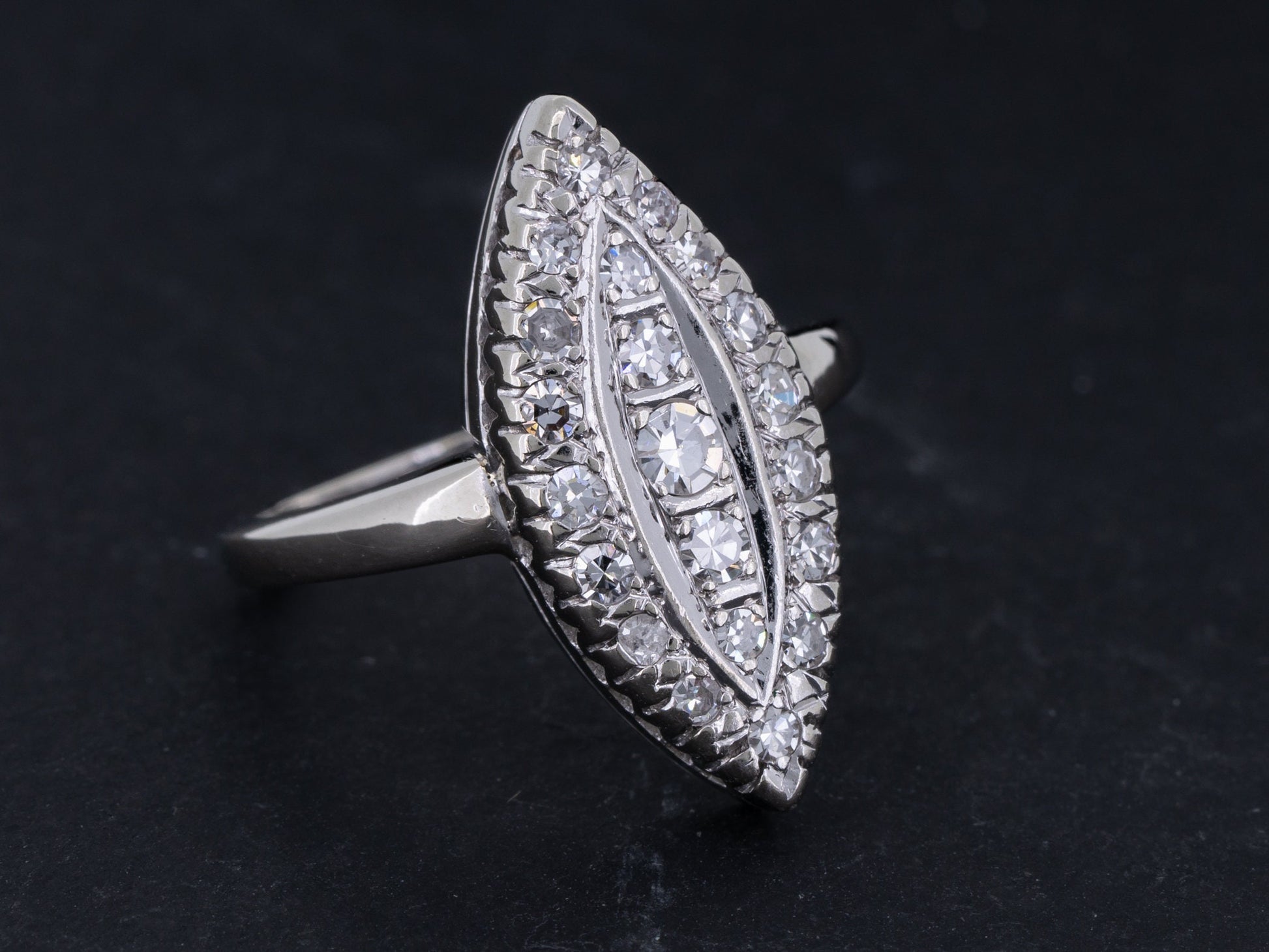 Vintage Art Deco Diamond Engagement Ring Navette 14k White Gold - Redpoint Jewelry 