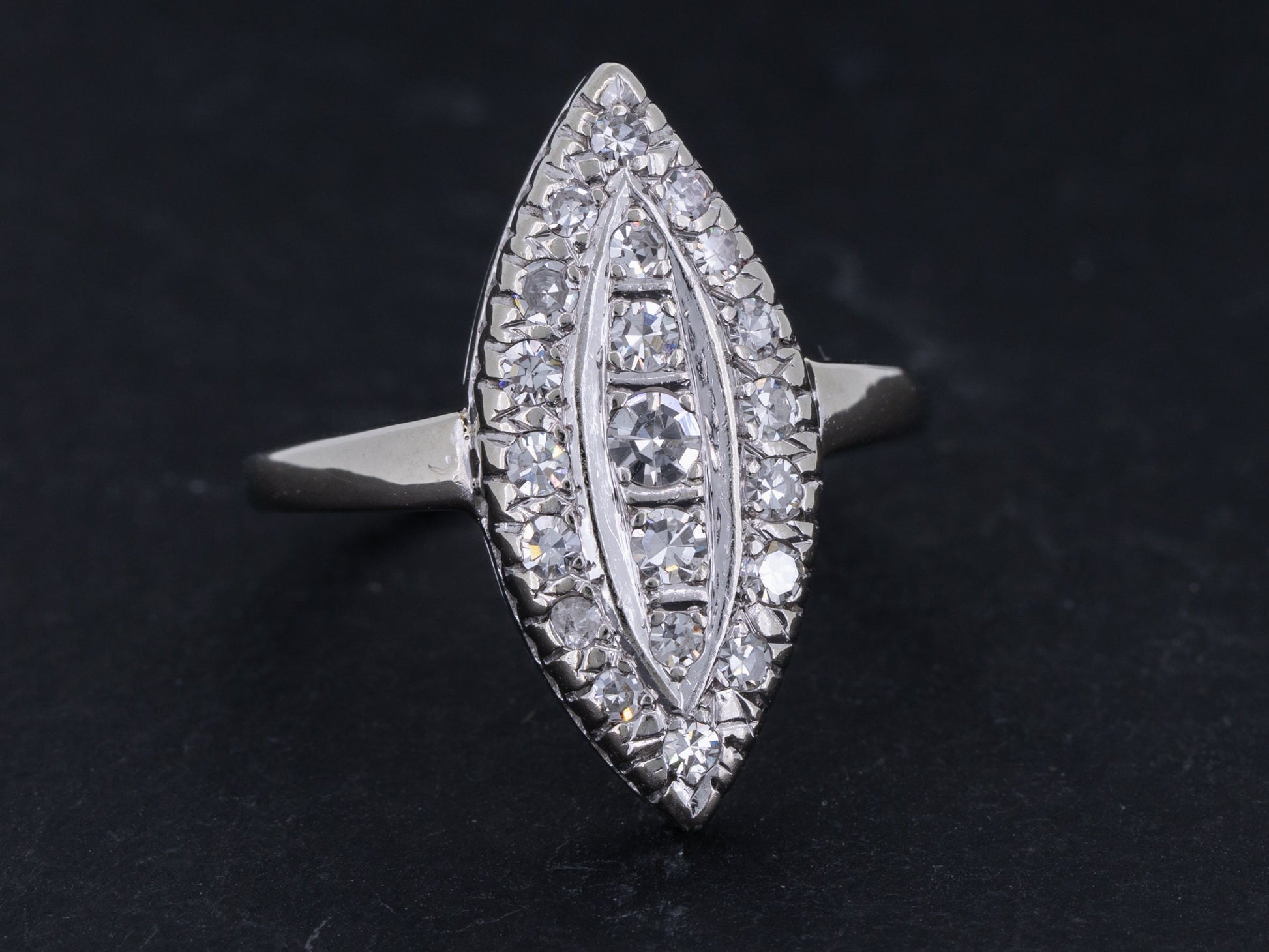 Vintage Art Deco Diamond Engagement Ring Navette 14k White Gold - Redpoint Jewelry 