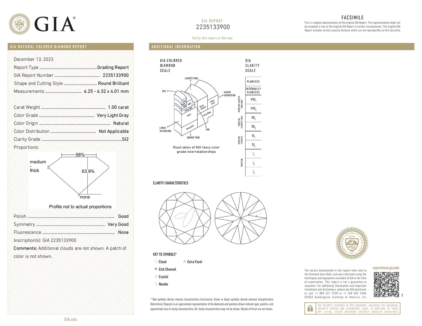 1.00ct GIA Certified Natural Colored Diamond Very Light Gray Color SI-2 Clarity Round Brilliant - Redpoint Jewelry 