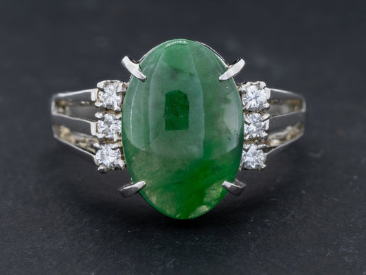 GIA Certified Type A Fei Cui Green Jade and Diamond Ring in Platinum - Redpoint Jewelry 