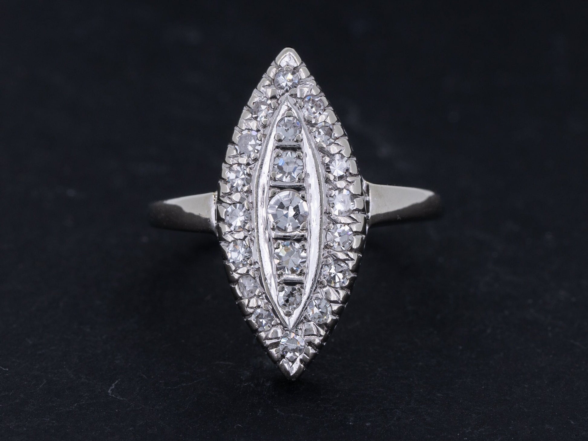 Vintage Art Deco Diamond Engagement Ring Navette 14k White Gold - Redpoint Jewelry 